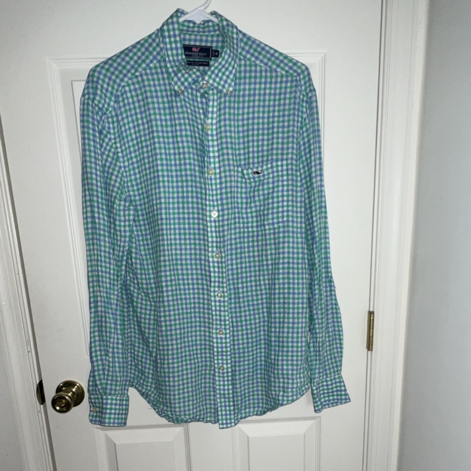 Vineyard Vines Tucker Shirt Mens Medium 100% Linen Gingham Green Blue Button Up
